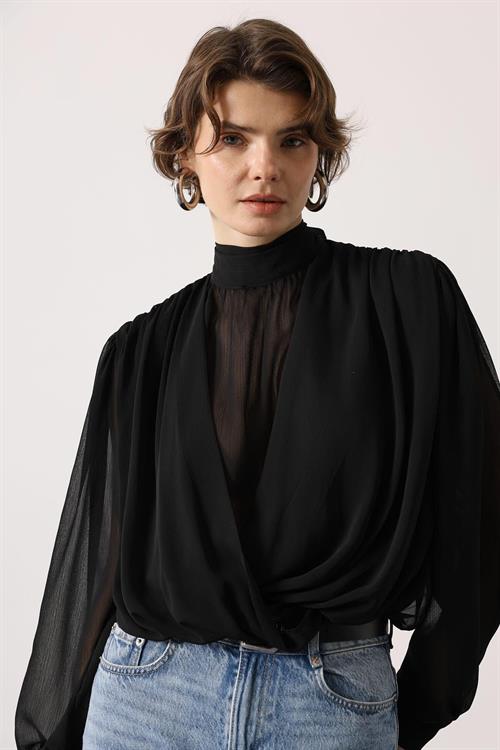 Wholesale Womens Black Chiffon Blouse with Tie-Neck