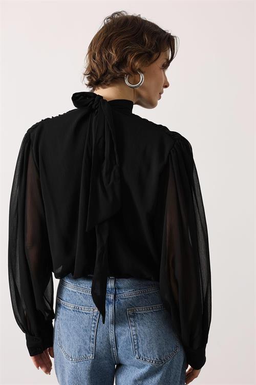 Wholesale Womens Black Chiffon Blouse with Tie-Neck