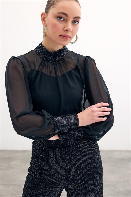 Wholesale Womens Black Chiffon Blouse with Sequin-Embellished Collar and Cuffs