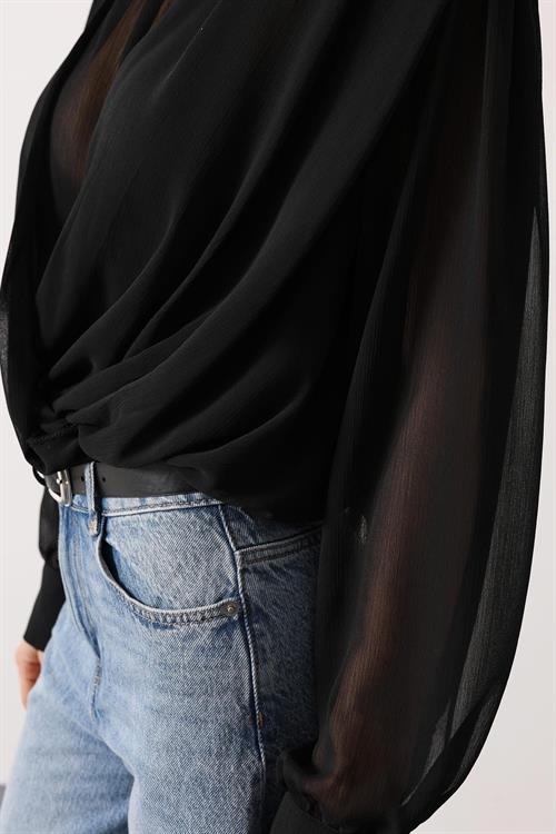 Wholesale Womens Black Chiffon Blouse with Tie-Neck