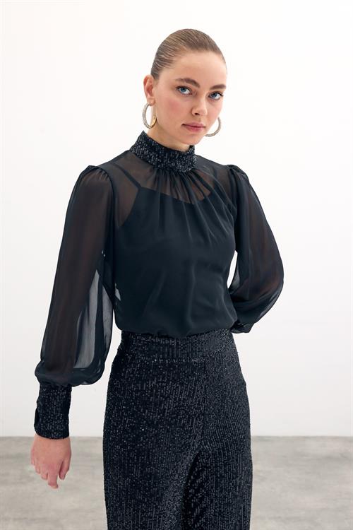 Wholesale Womens Black Chiffon Blouse with Sequin-Embellished Collar and Cuffs