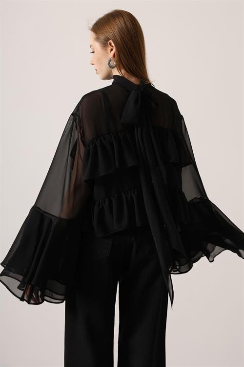 Wholesale Womens Black Chiffon Draped Long-Sleeve Blouse