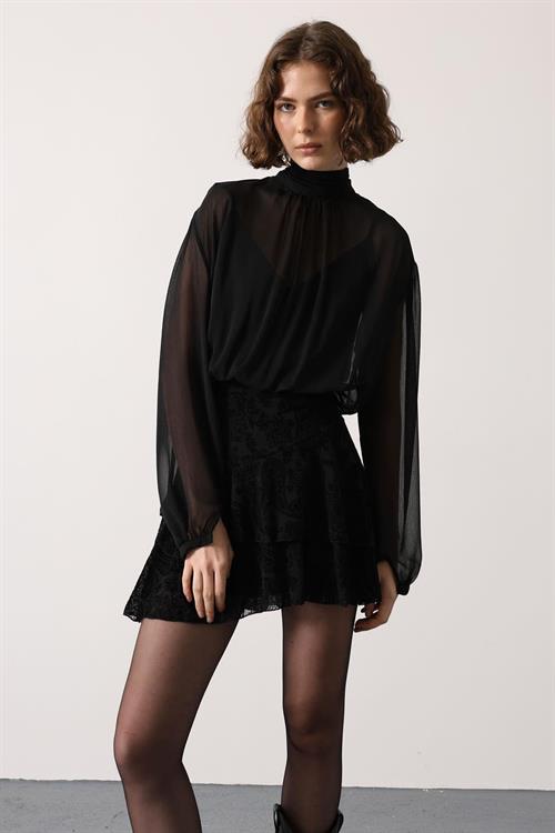 Wholesale Womens Black Chiffon Mini Dress with Tie-Neck