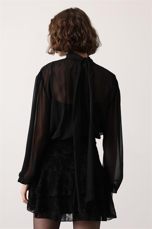 Wholesale Womens Black Chiffon Mini Dress with Tie-Neck