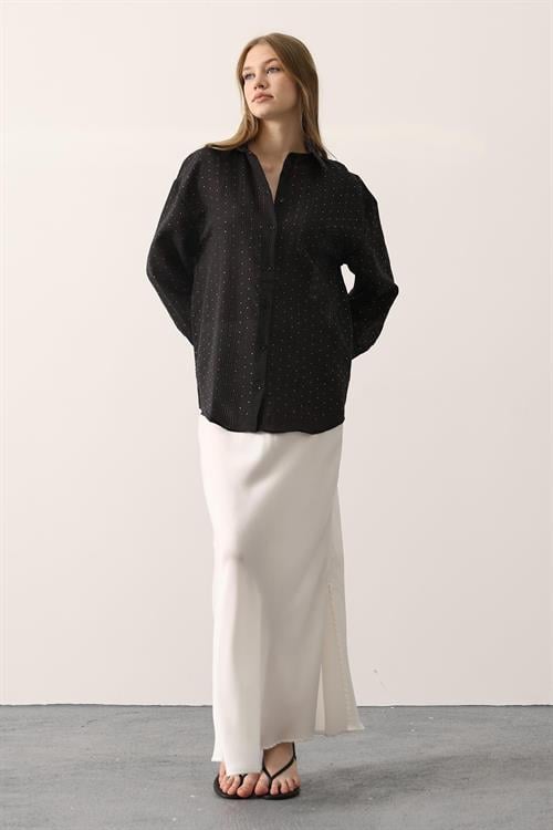 Wholesale Womens Black Chiffon Shirt with Rhinestone Embellishment