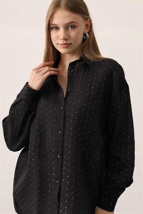 Wholesale Womens Black Chiffon Shirt with Rhinestone Embellishment