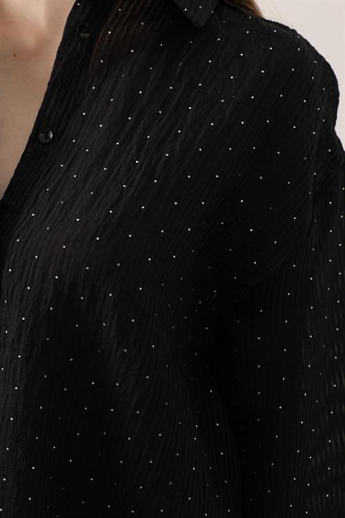 Wholesale Womens Black Chiffon Shirt with Rhinestone Embellishment