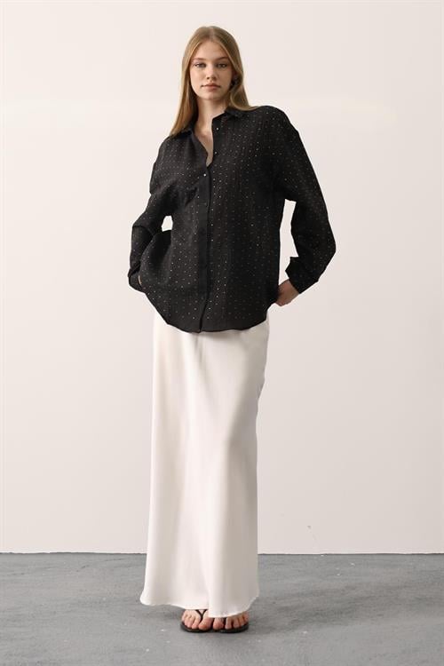 Wholesale Womens Black Chiffon Shirt with Rhinestone Embellishment