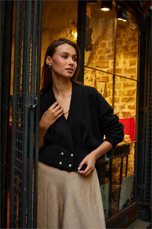 Wholesale Womens Black Cinched-Waist Dolman-Sleeve Knit Jacket