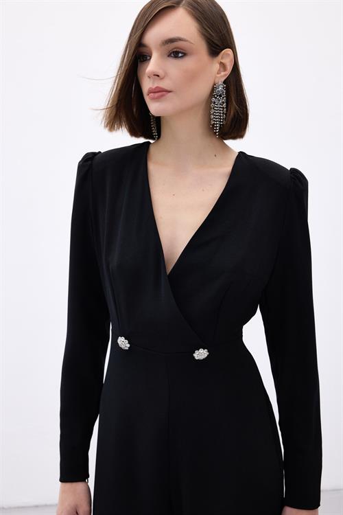 Wholesale Womens Black Crepe Jumpsuit with Rhinestone Accessories