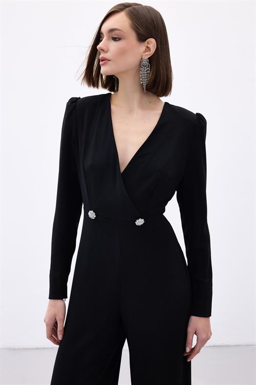 Wholesale Womens Black Crepe Jumpsuit with Rhinestone Accessories