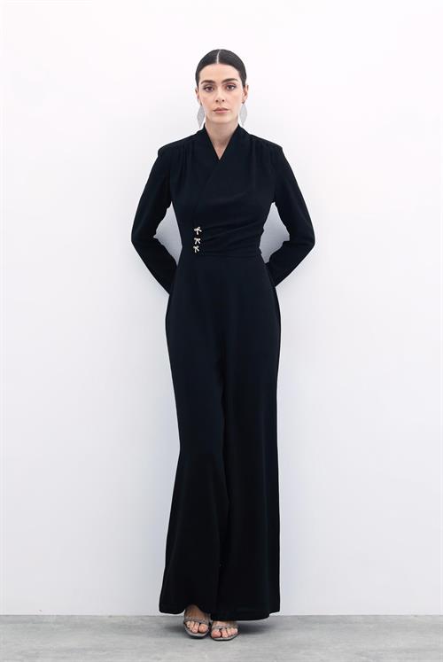 Wholesale Womens Black Crepe Jumpsuit with Bow Accessory