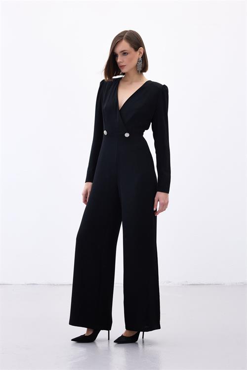Wholesale Womens Black Crepe Jumpsuit with Rhinestone Accessories