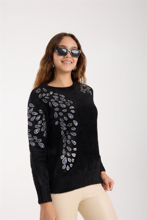 Wholesale Womens Black Crew-Neck Knit Sweater with Beaded Embroidery