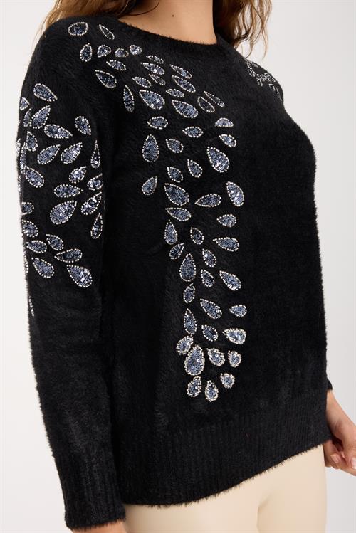 Wholesale Womens Black Crew-Neck Knit Sweater with Beaded Embroidery