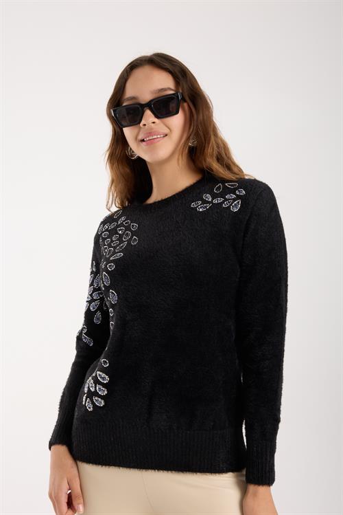Wholesale Womens Black Crew-Neck Knit Sweater with Beaded Embroidery