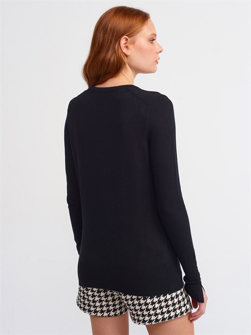 Wholesale Womens Black Crew-Neck Knit Blouse with Snap-Button Wide Cuffs