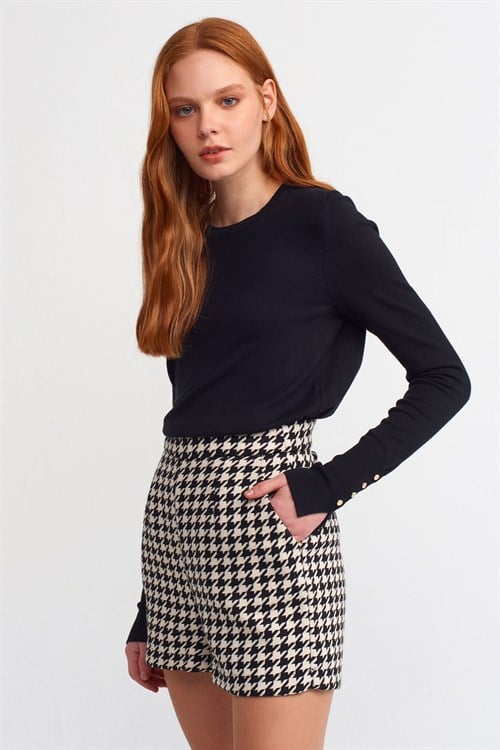 Wholesale Womens Black Crew-Neck Knit Blouse with Snap-Button Wide Cuffs
