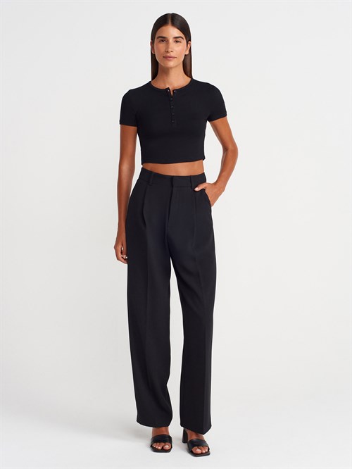 Wholesale Womens Black Crop T-Shirt with Button-Up Half Placket