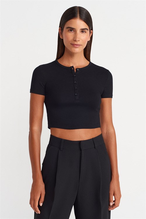 Wholesale Womens Black Crop T-Shirt with Button-Up Half Placket