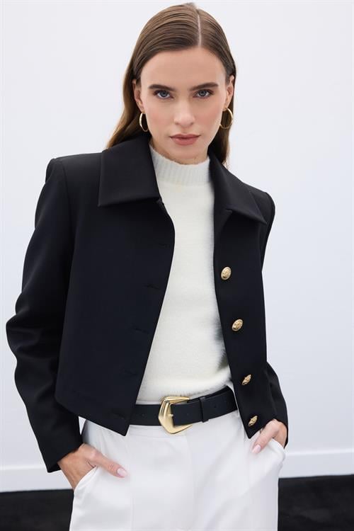 Wholesale Womens Black Cropped Blazer with Gold Buttons