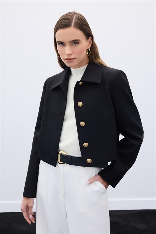 Wholesale Womens Black Cropped Blazer with Gold Buttons