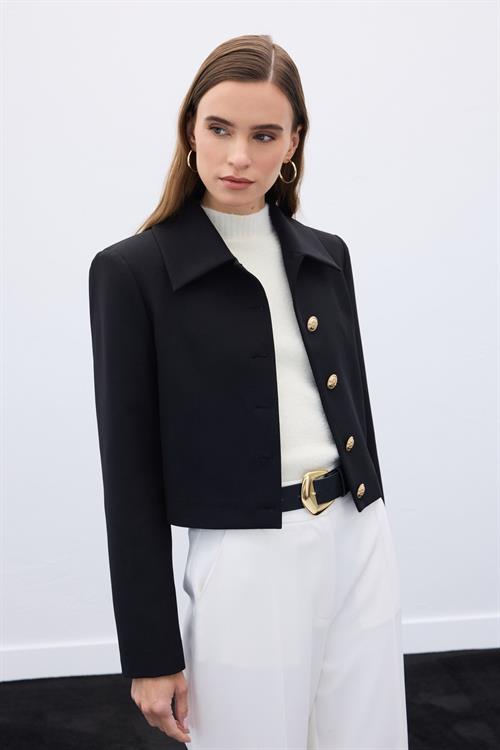 Wholesale Womens Black Cropped Blazer with Gold Buttons