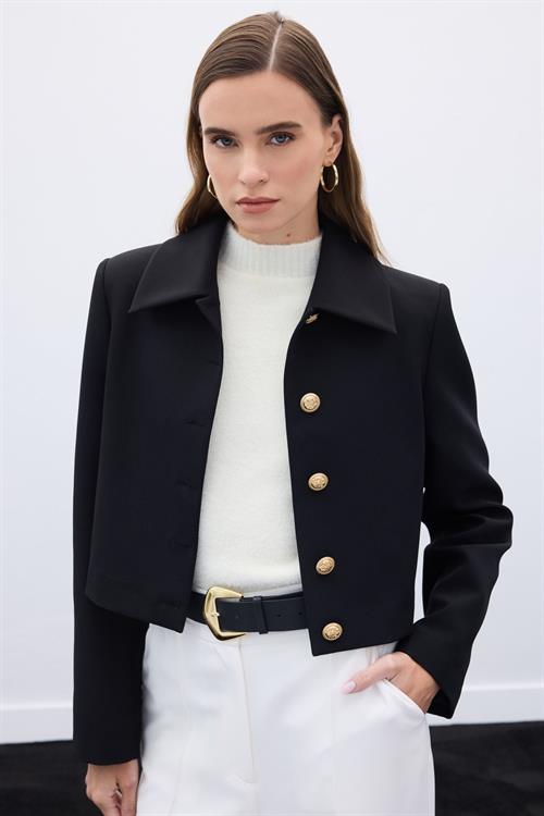 Wholesale Womens Black Cropped Blazer with Gold Buttons