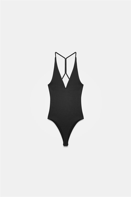 Wholesale Womens Black Cross-Back Cotton Bodysuit