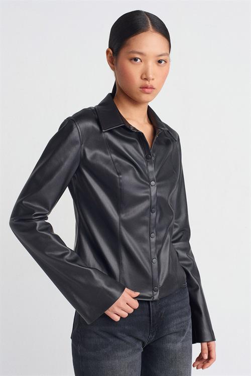 Wholesale Womens Black Faux Leather Shirt with Snap Closure