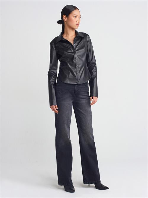 Wholesale Womens Black Faux Leather Shirt with Snap Closure