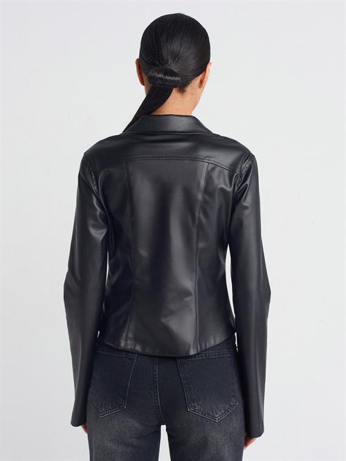 Wholesale Womens Black Faux Leather Shirt with Snap Closure