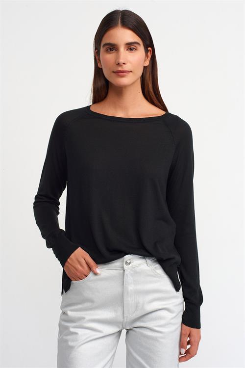 Wholesale Womens Black Fine Knit Blouse with Raglan Sleeves and Side Slits