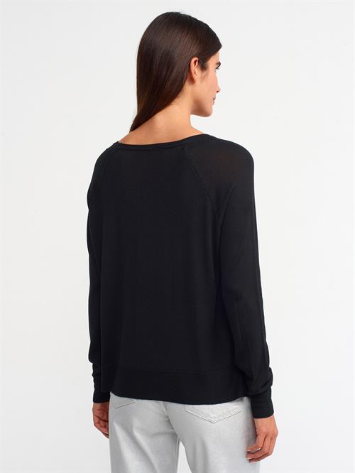 Wholesale Womens Black Fine Knit Blouse with Raglan Sleeves and Side Slits