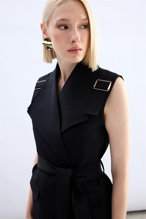 Wholesale Womens Black Flap Pockets Waistcoat with Belt