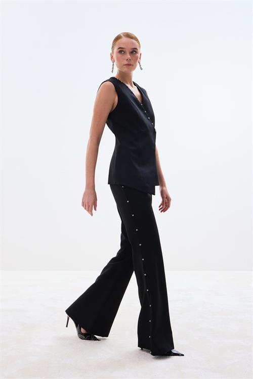 Wholesale Womens Black Flared Trousers with Pearl Embellishment on the Sides