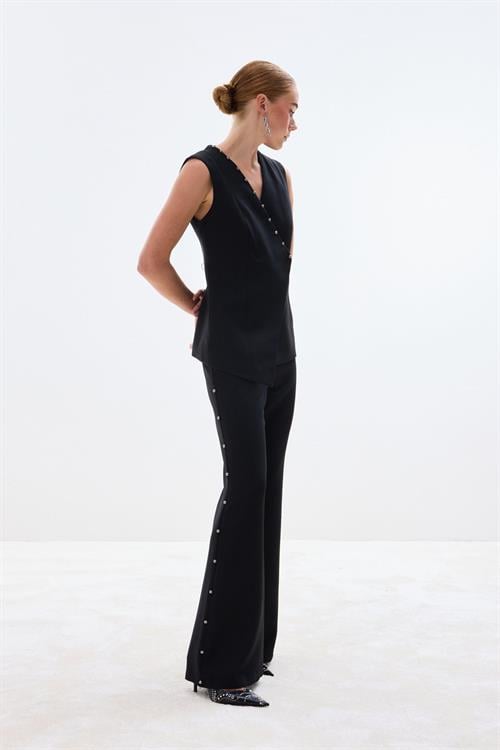 Wholesale Womens Black Flared Trousers with Pearl Embellishment on the Sides
