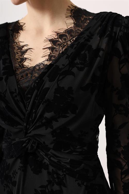 Wholesale Womens Black Flocked Lace Dress with Lace Neckline