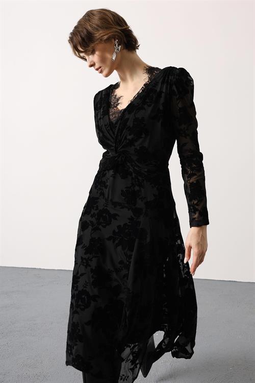 Wholesale Womens Black Flocked Lace Dress with Lace Neckline