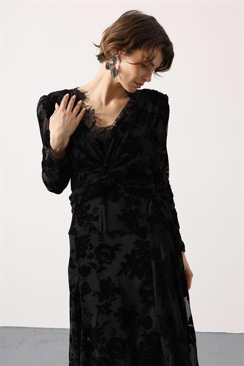 Wholesale Womens Black Flocked Lace Dress with Lace Neckline
