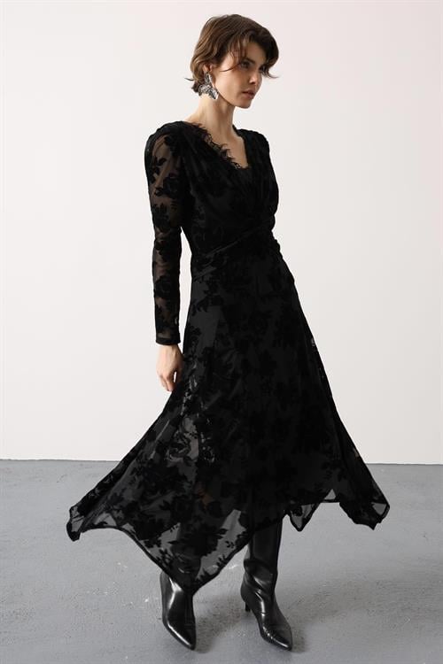 Wholesale Womens Black Flocked Lace Dress with Lace Neckline