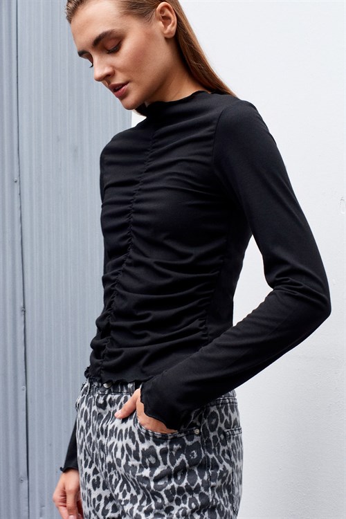 Wholesale Womens Black Gathered Long-Sleeve Top