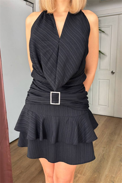 Wholesale Womens Black Halter Neck Mini Dress with Rhinestone Buckle