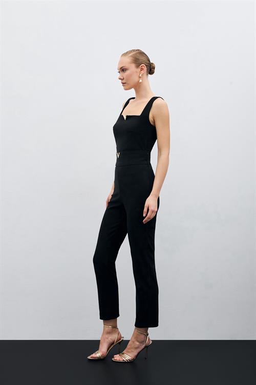 Wholesale Womens Black High-Waist Trousers with Front V-Shaped Accessory