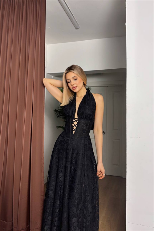 Wholesale Womens Black Lace Halter Neck Maxi Dress