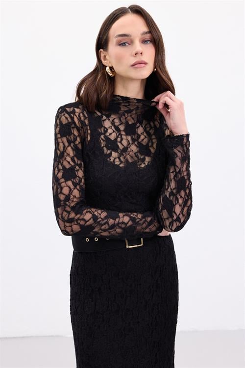 Wholesale Womens Black Lace Long-Sleeve Blouse
