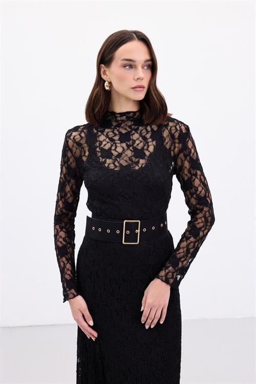 Wholesale Womens Black Lace Long-Sleeve Blouse