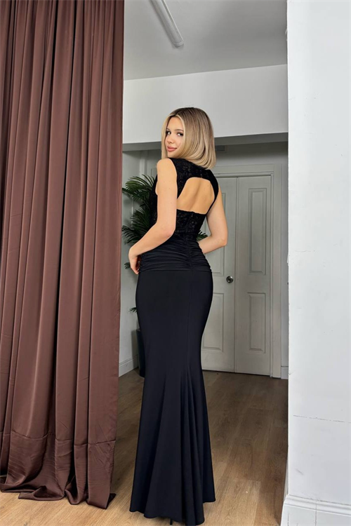 Wholesale Womens Black Lace Satin Backless Maxi Dress