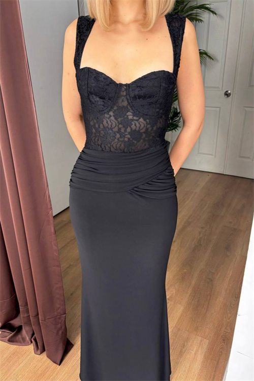 Wholesale Womens Black Lace Satin Backless Maxi Dress