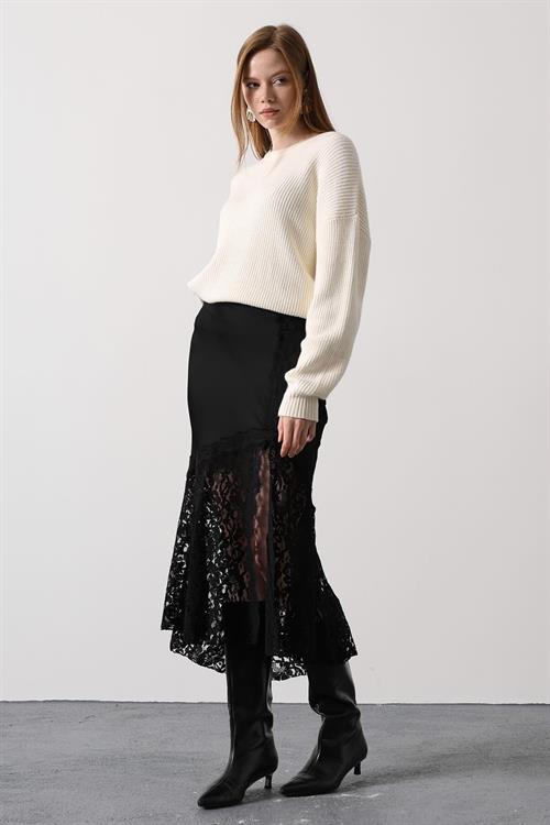 Wholesale Womens Black Lace Satin Skirt